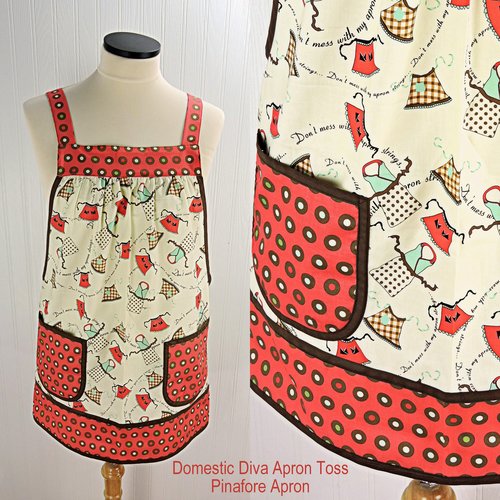 Domestic Diva Apron Toss Pinafore Apron with no ties, relaxed fit smock with pockets, standard size fits L-XL-2X, ready to ship