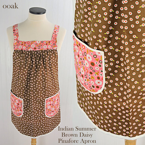 Indian Summer Brown Daisies Pinafore, lovely hostess apron, relaxed fit smock with pockets fits L/XL/2X, ready to ship
