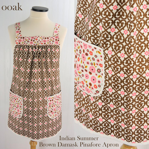 SHIPS FAST~ Indian Summer Brown Damask Pinafore, retro hostess apron, relaxed fit smock with pockets fits L/XL/2X, ready to ship
