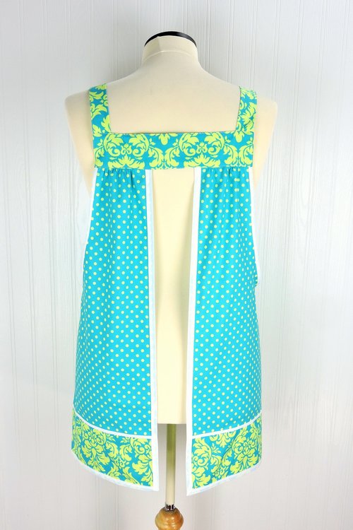 SHIPS FAST~ Pinafore Apron with no ties (Dandy Damask and Polka Dots in Lagoon) relaxed fit smock with pockets, standard size fits L/XL/2X