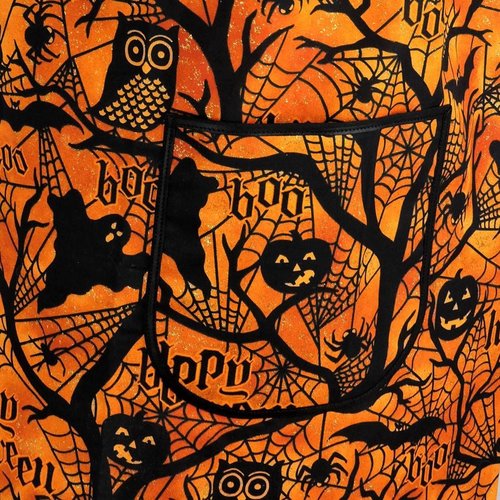 Haunted Forest Pinafore Apron with no ties, relaxed fit smock with pockets fits L/XL/2X, black and orange Halloween apron, Ready to Ship