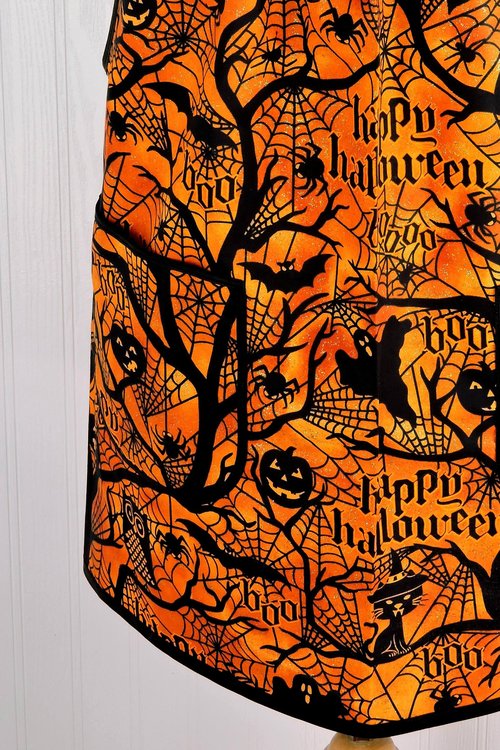 Haunted Forest Pinafore Apron with no ties, relaxed fit smock with pockets fits L/XL/2X, black and orange Halloween apron, Ready to Ship