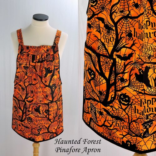 Haunted Forest Pinafore Apron with no ties, relaxed fit smock with pockets fits L/XL/2X, black and orange Halloween apron, Ready to Ship