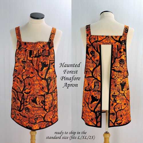 Haunted Forest Pinafore Apron with no ties, relaxed fit smock with pockets fits L/XL/2X, black and orange Halloween apron, Ready to Ship