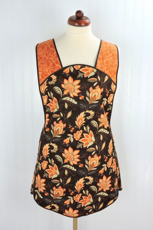 Fall Floral 50s Style Smock Apron, comfortable relaxed fit apron (H back style doesn't touch neck) last one fits L/XL, ships fast