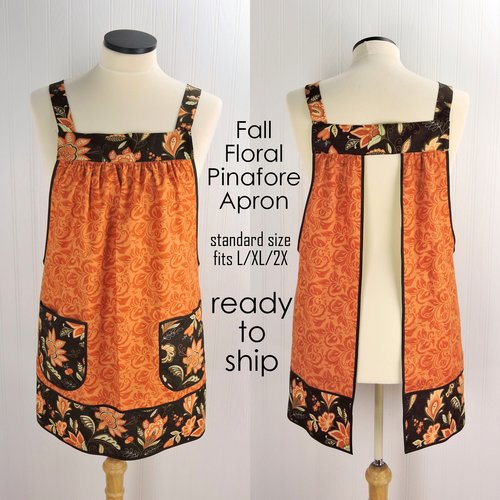 Fall Floral Pinafore Apron with no ties, relaxed fit smock with pockets, standard size fits L-XL-2X, ready to ship