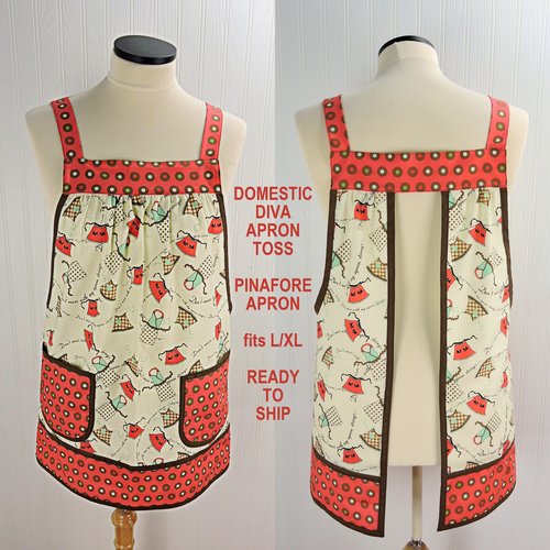 Domestic Diva Apron Toss Pinafore Apron with no ties, relaxed fit smock with pockets, standard size fits L-XL-2X, ready to ship