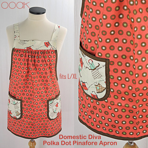 Domestic Diva Polka Dot Pinafore Apron with no ties, relaxed fit smock with pockets, standard size fits L-XL-2X, ready to ship