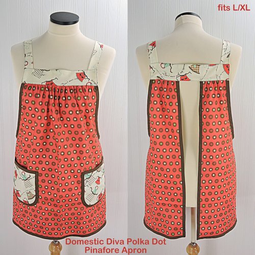 Domestic Diva Polka Dot Pinafore Apron with no ties, relaxed fit smock with pockets, standard size fits L-XL-2X, ready to ship
