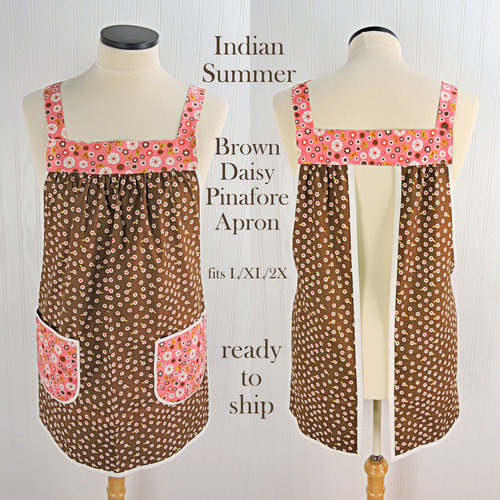 Indian Summer Brown Daisies Pinafore, lovely hostess apron, relaxed fit smock with pockets fits L/XL/2X, ready to ship