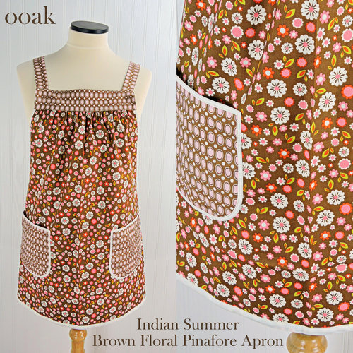 Indian Summer Brown Floral Pinafore, retro hostess apron, relaxed fit smock with pockets fits L/XL/2X, ready to ship