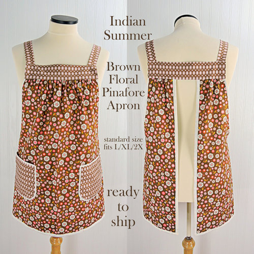 Indian Summer Brown Floral Pinafore, retro hostess apron, relaxed fit smock with pockets fits L/XL/2X, ready to ship