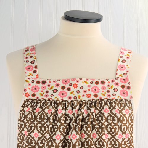 SHIPS FAST~ Indian Summer Brown Damask Pinafore, retro hostess apron, relaxed fit smock with pockets fits L/XL/2X, ready to ship