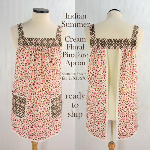 SHIPS FAST~ Indian Summer Cream Floral Pinafore, retro hostess apron, relaxed fit smock with pockets fits L/XL/2X, ready to ship