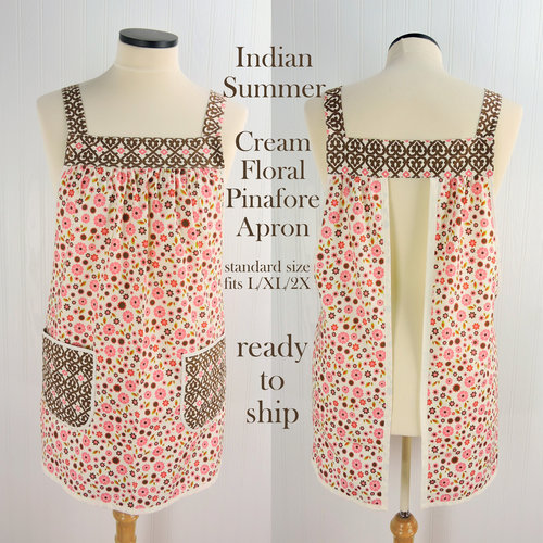 SHIPS FAST~ Indian Summer Cream Floral Pinafore, retro hostess apron, relaxed fit smock with pockets fits L/XL/2X, ready to ship