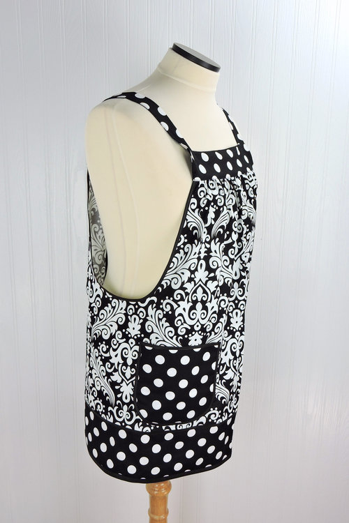 Black Damask and Dot Pinafore with no ties, relaxed fit smock with pockets, lovely hostess apron made to order XS - 5X
