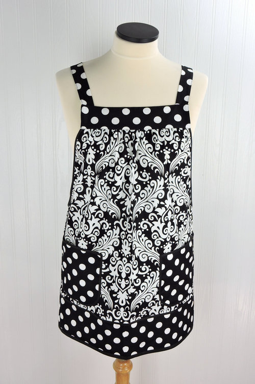 Black Damask and Dot Pinafore with no ties, relaxed fit smock with pockets, lovely hostess apron made to order XS - 5X