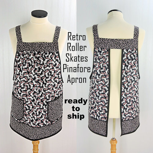 SHIPS FAST Retro Roller Skates Pinafore Apron with no ties, relaxed fit smock with pockets, fun hostess apron fits L/XL/2X, ready to ship now