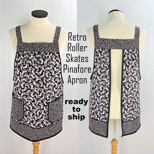 Retro Roller Skates Pinafore Apron with no ties, relaxed fit smock with pockets, fun hostess apron fits L/XL/2X, ready to ship now