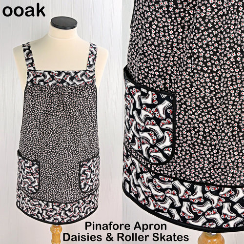 Daisies and Roller Skates Pinafore Apron with no ties, relaxed fit smock with pockets, fun hostess apron fits L/XL/2X, ready to ship now