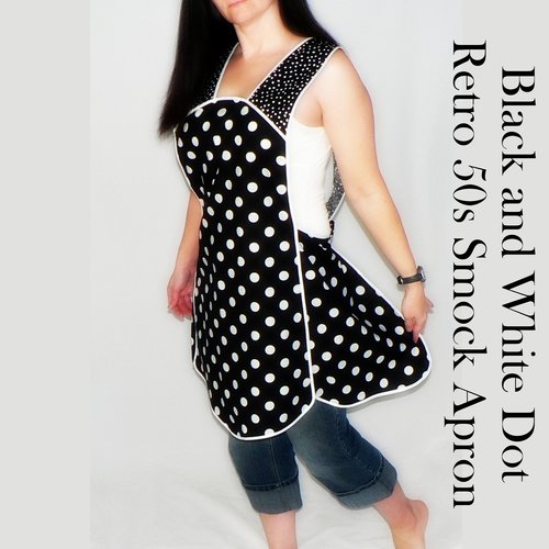 Black and White Polka Dot Retro 50s Smock Apron, relaxed fit "H-back" doesn't touch neck, made to order from XS to 4X  with pocket options