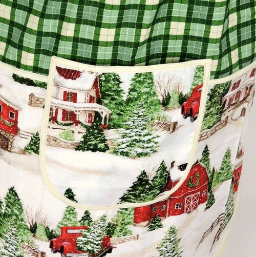Evergreen Farm Plaid Pinafore with no ties, ooak relaxed fit smock with pockets, Snowy Winter Scene Apron fits L/XL/2X, ships fast