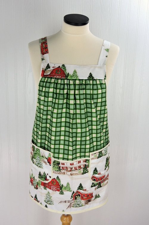 Evergreen Farm Plaid Pinafore with no ties, ooak relaxed fit smock with pockets, Snowy Winter Scene Apron fits L/XL/2X, ships fast
