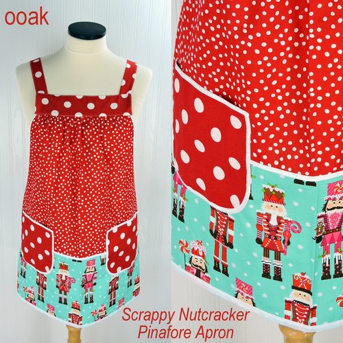 Scrappy Nutcracker Pinafore with no ties, relaxed fit smock with pockets, color-blocked Christmas Apron fits L/XL/2X, ships fast