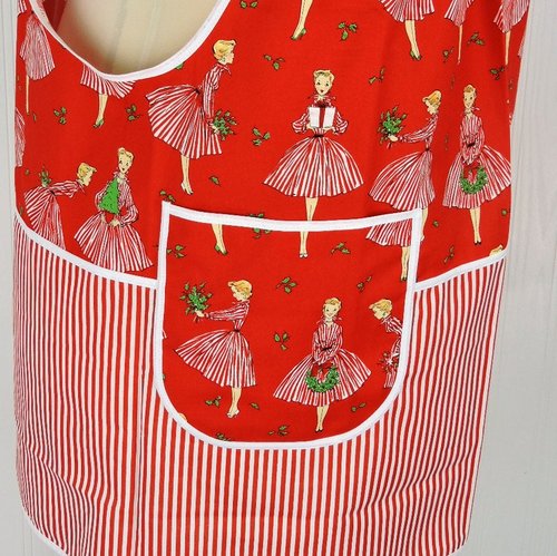 Retro Holiday Hostess Pinafore Apron with no ties, relaxed fit smock with pockets, red and white Christmas apron fits L/XL/2X, ships fast