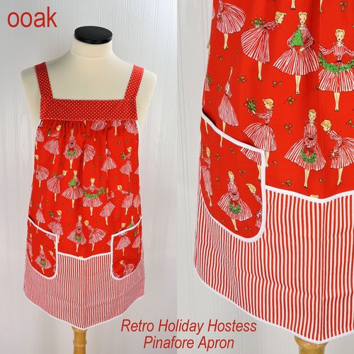 Retro Holiday Hostess Pinafore Apron with no ties, relaxed fit smock with pockets, red and white Christmas apron fits L/XL/2X, ships fast
