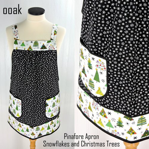 SHIPS FAST Snowflakes and Christmas Trees Pinafore with no ties, relaxed fit smock with pockets fits L/XL/2X, one of a kind holiday apron