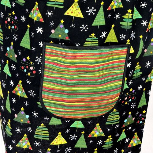 Christmas Trees on Black Pinafore with no ties, relaxed fit smock with pockets fits L/XL/2X, one of a kind holiday apron ships fast