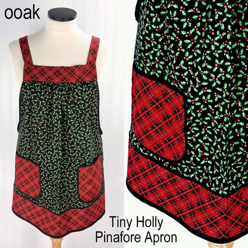 SHIPS FAST Tiny Holly Pinafore with no ties, relaxed fit smock with pockets, Holly and Plaid Christmas Apron, standard size fits L/XL/2X