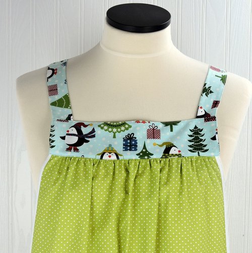 Jolly Penguins Pinafore Apron with no ties, relaxed fit smock with pockets, cute Christmas Apron fits L/XL/2X, ships fast