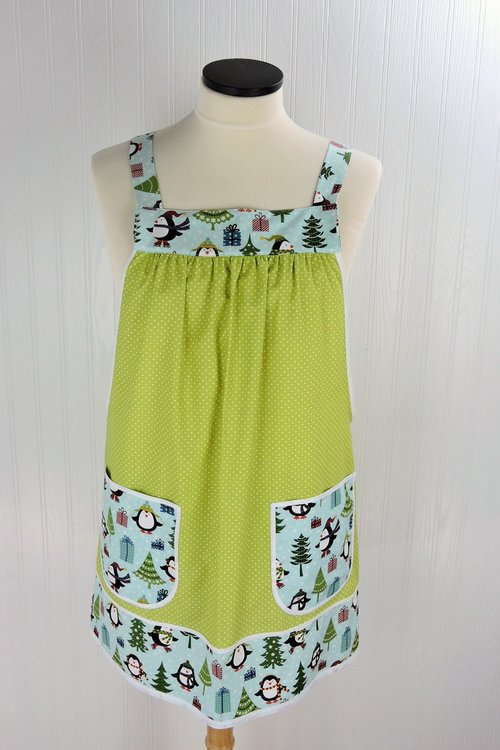 Jolly Penguins Pinafore Apron with no ties, relaxed fit smock with pockets, cute Christmas Apron fits L/XL/2X, ships fast