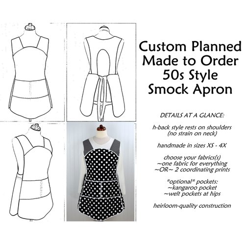 Customized 1950s Smock Apron, Retro H-Back Apron, Handmade Kitchen Apron- CHOOSE YOUR FABRIC- Vintage Style Cooking Apron, Gift for Baker
