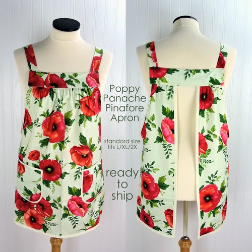 SHIPS FAST Poppy Panache on mint Pinafore Apron, relaxed fit smock with pockets fits L/XL/2X, pretty baking apron ready to ship