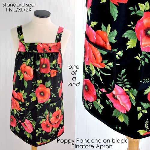 SHIPS FAST Poppy Panache on black Pinafore Apron, relaxed fit smock with pockets fits L/XL/2X, pretty kitchen apron, ready to ship