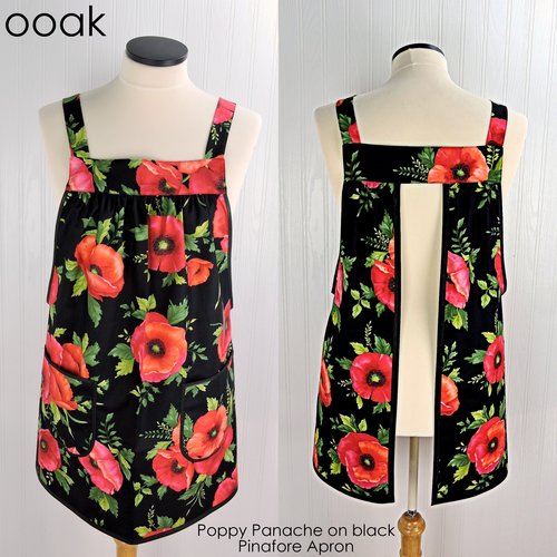 SHIPS FAST Poppy Panache on black Pinafore Apron, relaxed fit smock with pockets fits L/XL/2X, pretty kitchen apron, ready to ship