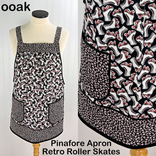 Retro Roller Skates Pinafore Apron with no ties, relaxed fit smock with pockets, fun hostess apron fits L/XL/2X, ready to ship now