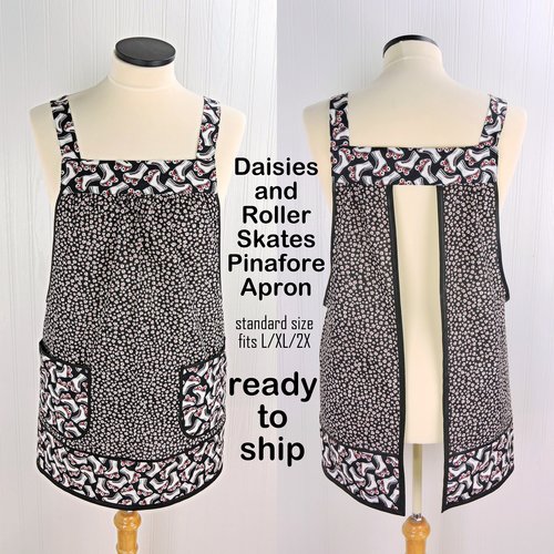 Daisies and Roller Skates Pinafore Apron with no ties, relaxed fit smock with pockets, fun hostess apron fits L/XL/2X, ready to ship now