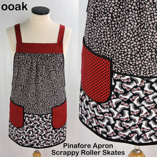 Scrappy Roller Skates Pinafore Apron with no ties, relaxed fit smock with pockets, fun kitchen apron fits L/XL/2X, ready to ship now