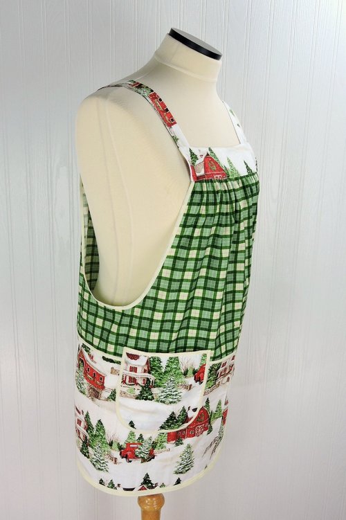 Evergreen Farm Plaid Pinafore with no ties, ooak relaxed fit smock with pockets, Snowy Winter Scene Apron fits L/XL/2X, ships fast