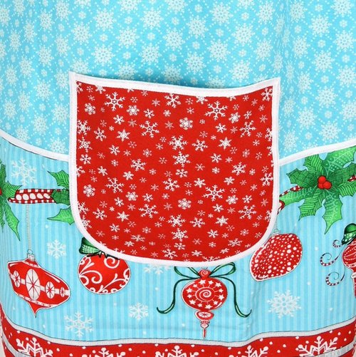 Christmas Wishes Pinafore with no ties, relaxed fit smock with pockets, retro aqua and red holiday apron fits L/XL/2X, ships fast