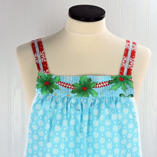 Christmas Wishes Pinafore with no ties, relaxed fit smock with pockets, retro aqua and red holiday apron fits L/XL/2X, ships fast