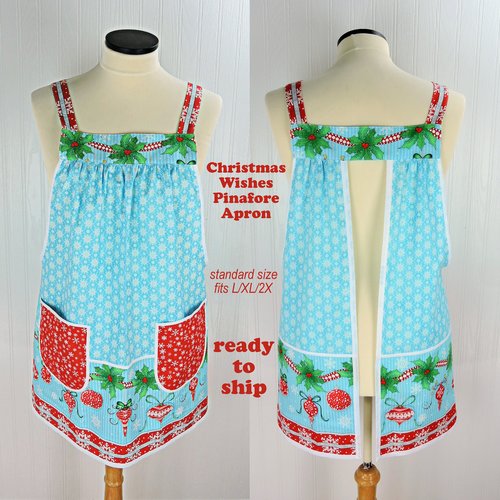 Christmas Wishes Pinafore with no ties, relaxed fit smock with pockets, retro aqua and red holiday apron fits L/XL/2X, ships fast