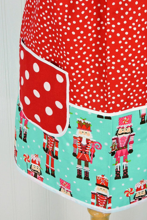 Scrappy Nutcracker Pinafore with no ties, relaxed fit smock with pockets, color-blocked Christmas Apron fits L/XL/2X, ships fast