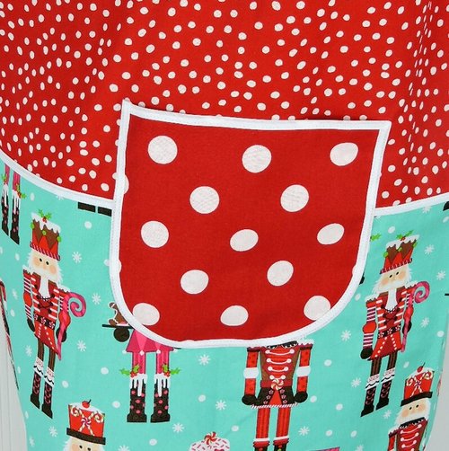 Scrappy Nutcracker Pinafore with no ties, relaxed fit smock with pockets, color-blocked Christmas Apron fits L/XL/2X, ships fast