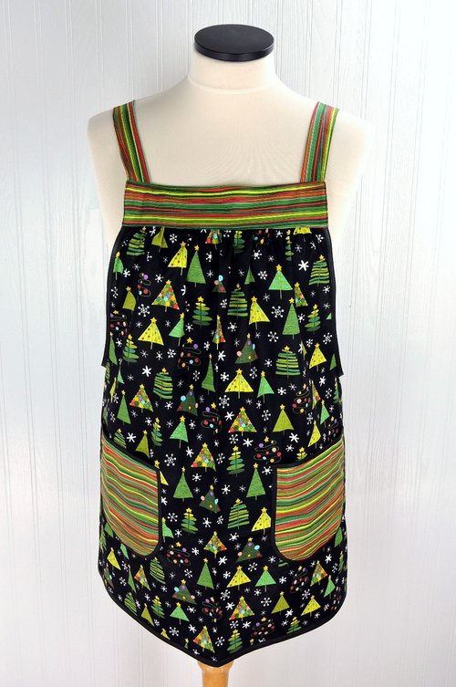 Christmas Trees on Black Pinafore with no ties, relaxed fit smock with pockets fits L/XL/2X, one of a kind holiday apron ships fast