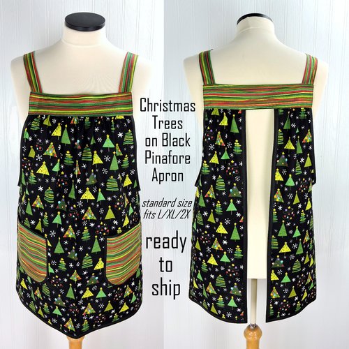 Christmas Trees on Black Pinafore with no ties, relaxed fit smock with pockets fits L/XL/2X, one of a kind holiday apron ships fast